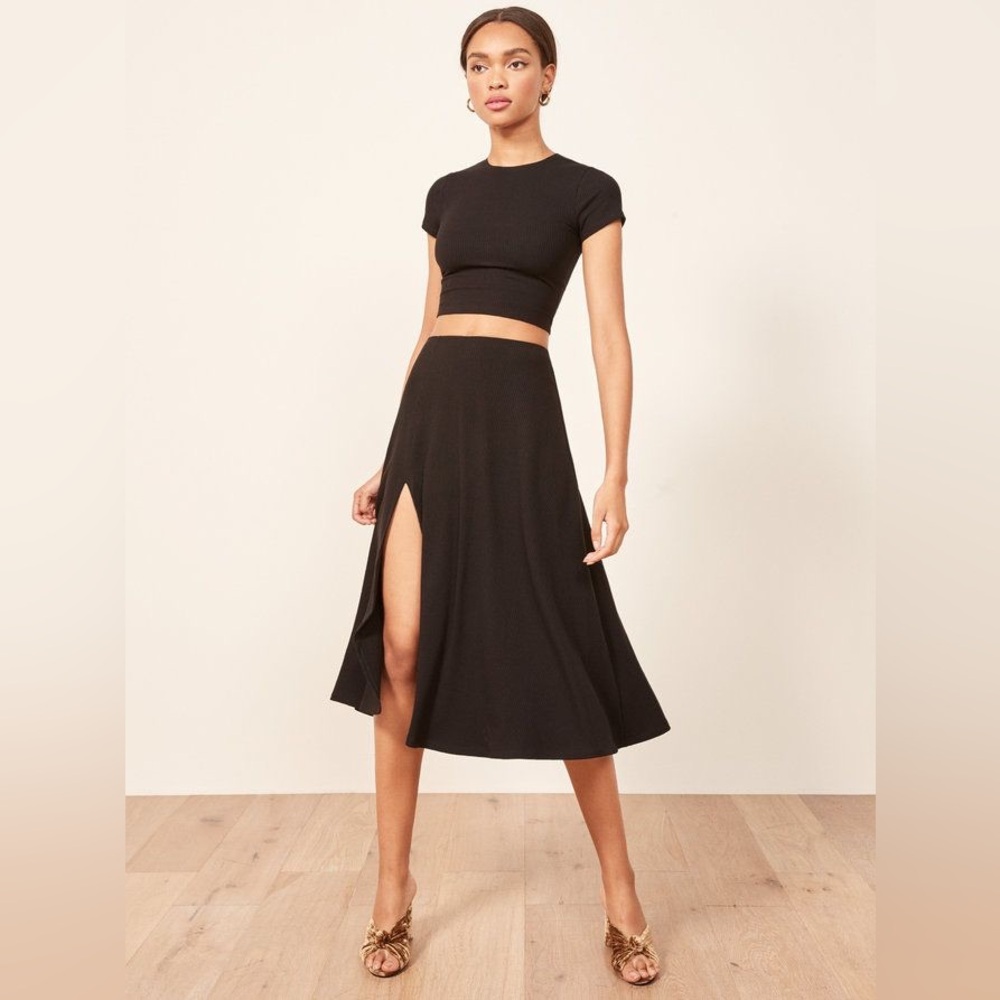 Reformation Haluna Ribbed Midi Skirt and Short Sleeve Cropped T-Shirt Set